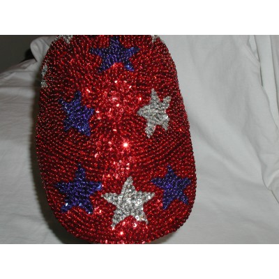 GLITTERY RED SEQUIN BASEBALL HAT WITH STAR SOCIETY EVENT JULY 4TH MEMORIAL DAY   eb-48096778